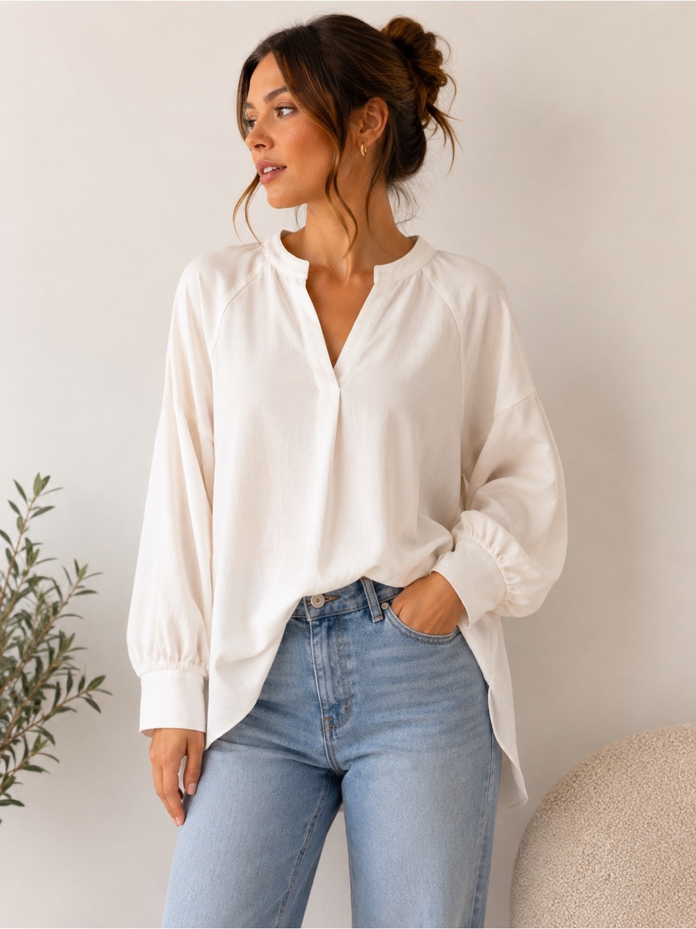 Nic+Zoe Elegant White Split-Neck Blouse - Women Tops NWT